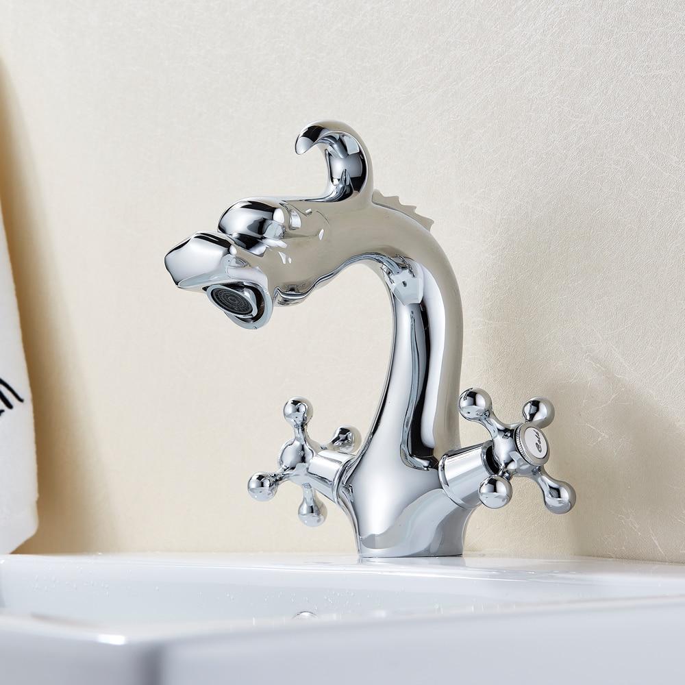 Robinet de lavabo en laiton monté sur plage, en forme de dragon, à deux poignées, finition polie