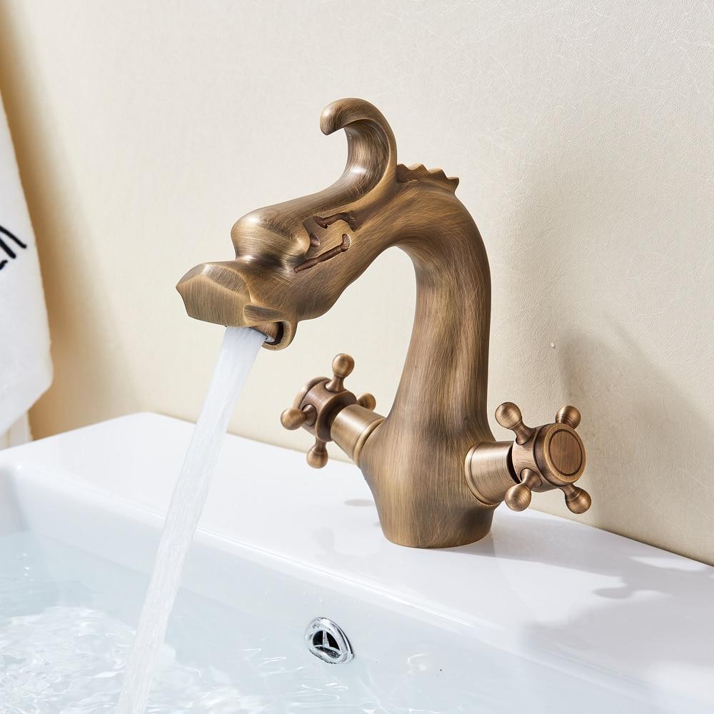 Robinet de lavabo en laiton monté sur plage, en forme de dragon, à deux poignées, finition polie