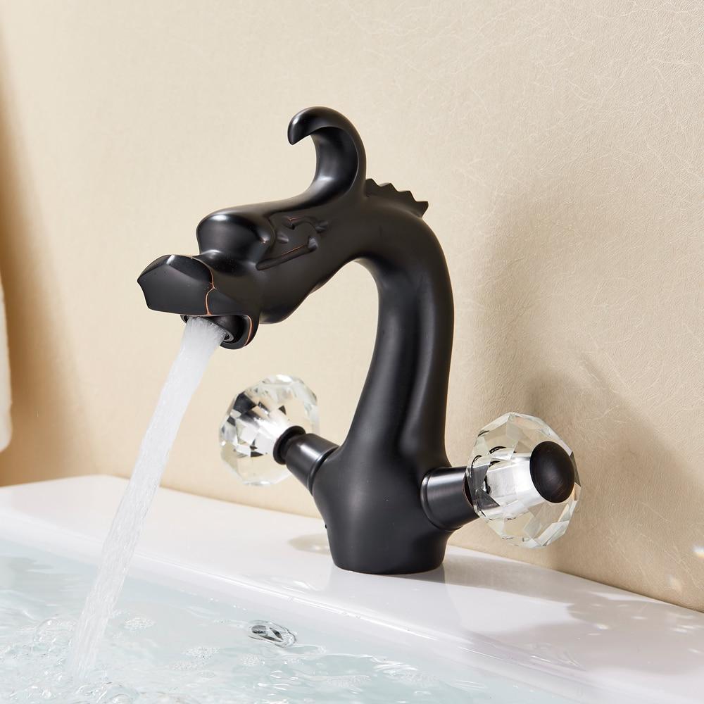 Robinet de lavabo en laiton monté sur plage, en forme de dragon, à deux poignées, finition polie