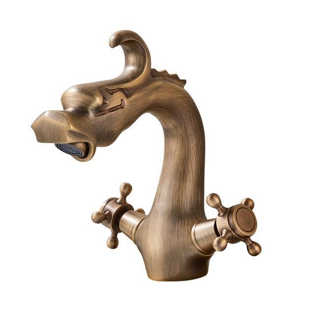 Robinet de lavabo en laiton monté sur plage, en forme de dragon, à deux poignées, finition polie