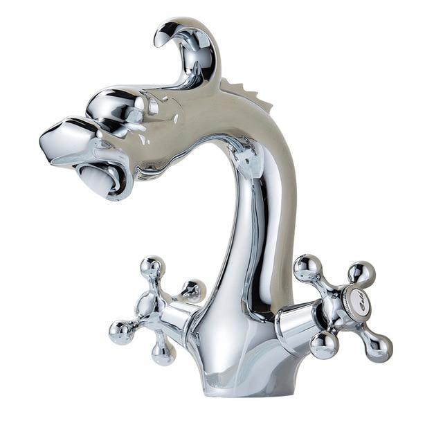 Robinet de lavabo en laiton monté sur plage, en forme de dragon, à deux poignées, finition polie