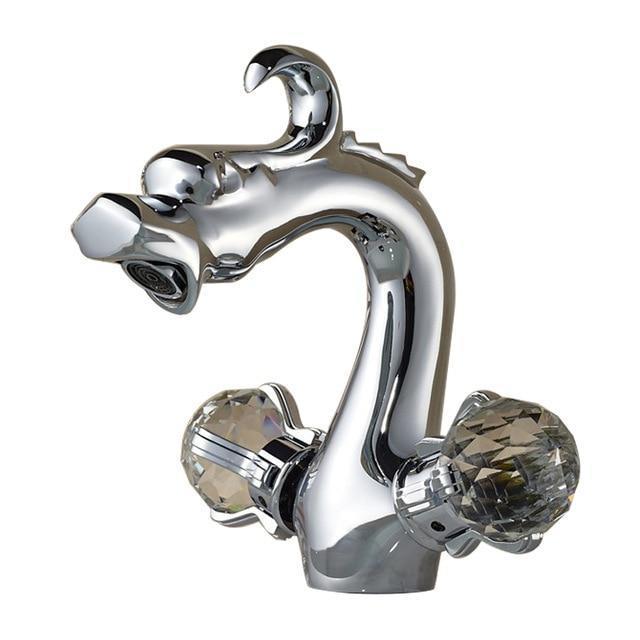 Robinet de lavabo en laiton monté sur plage, en forme de dragon, à deux poignées, finition polie
