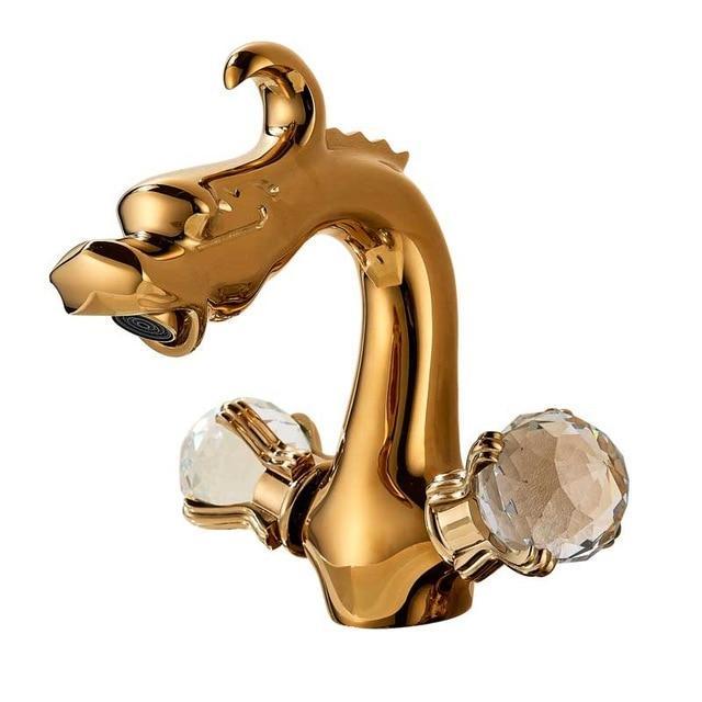 Robinet de lavabo en laiton monté sur plage, en forme de dragon, à deux poignées, finition polie