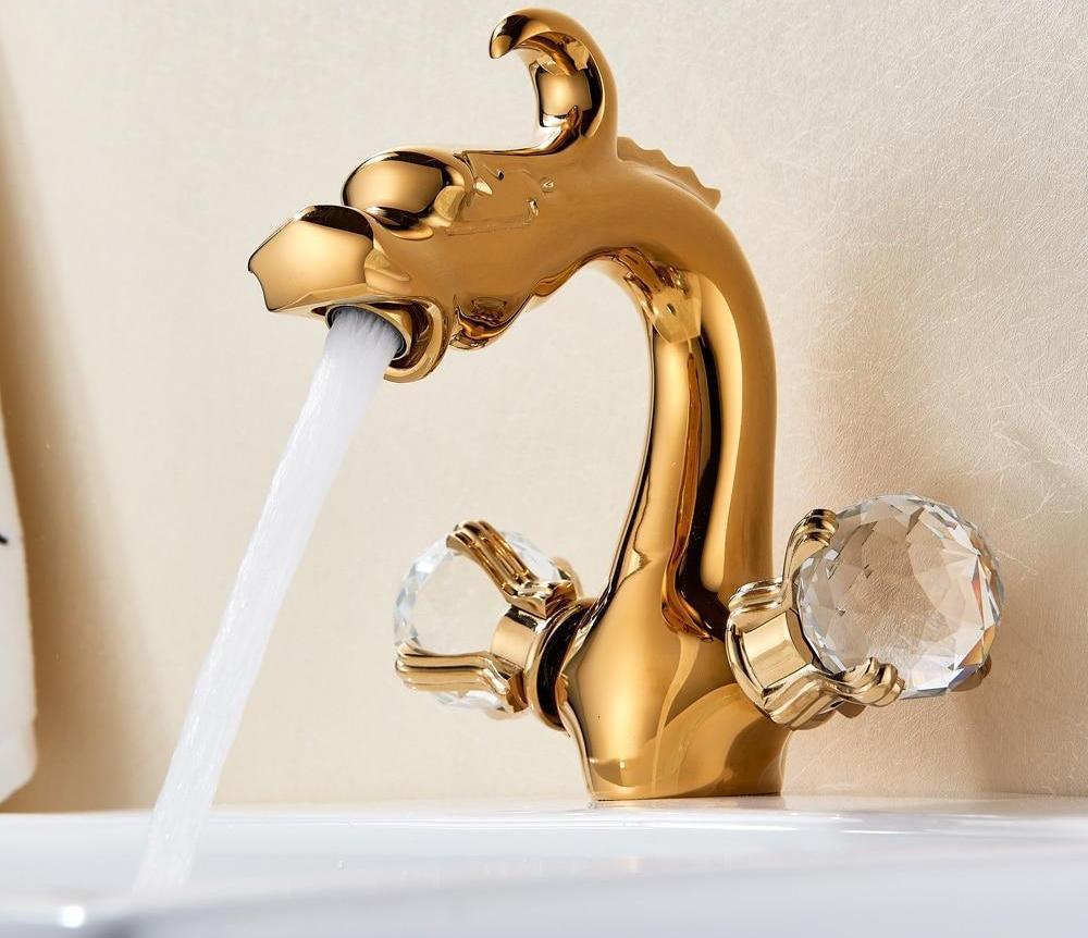 Robinet de lavabo en laiton monté sur plage, en forme de dragon, à deux poignées, finition polie