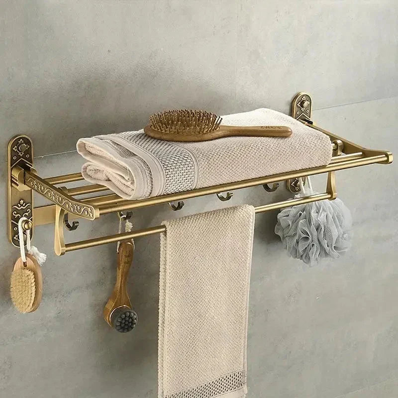 Porte-serviettes de bain pliable en laiton antique avec double étagère et crochets