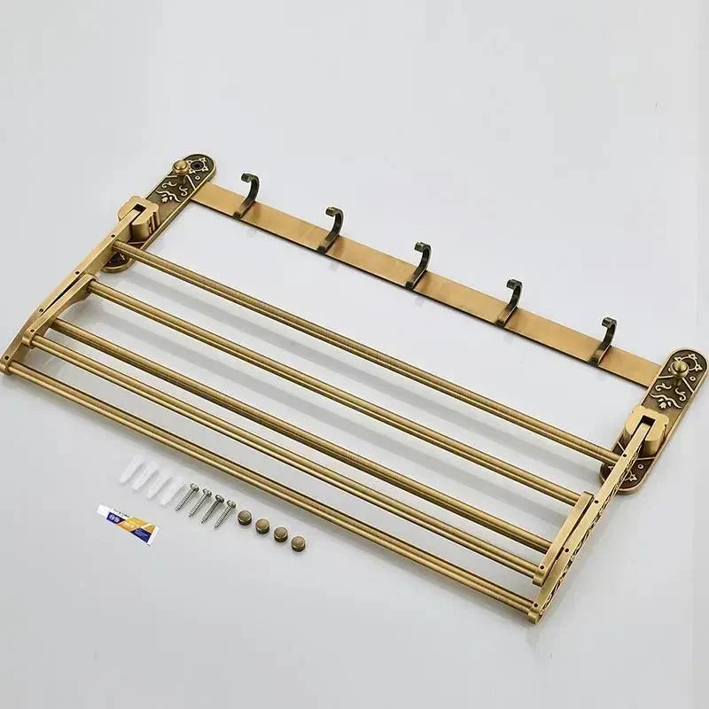 Porte-serviettes de bain pliable en laiton antique avec double étagère et crochets