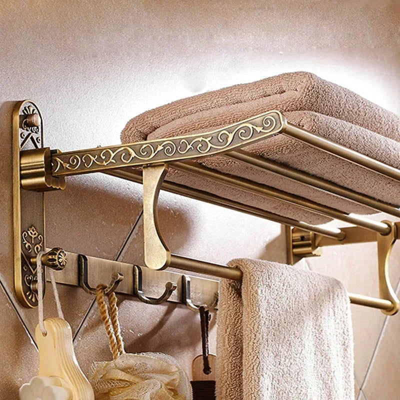 Porte-serviettes de bain pliable en laiton antique avec double étagère et crochets