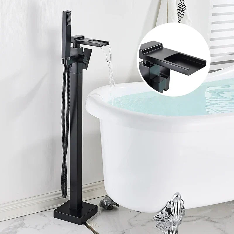 Robinet de baignoire îlot en laiton avec cascade et douchette à deux fonctions