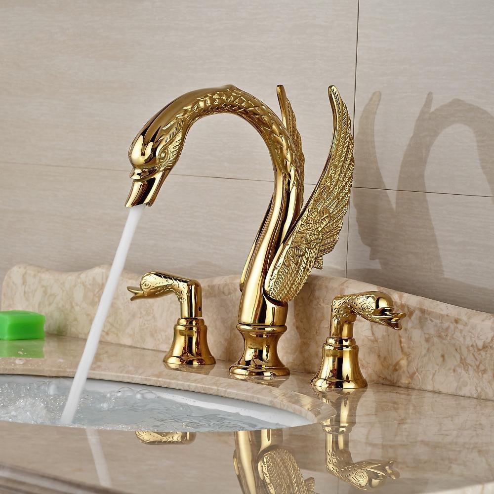 Robinet de lavabo en forme de cygne doré à deux poignées, en cuivre massif, montage sur plage