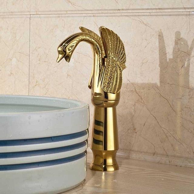 Robinet de lavabo en forme de cygne doré à deux poignées, en cuivre massif, montage sur plage