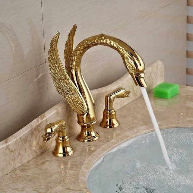 Robinet de lavabo en forme de cygne doré à deux poignées, en cuivre massif, montage sur plage