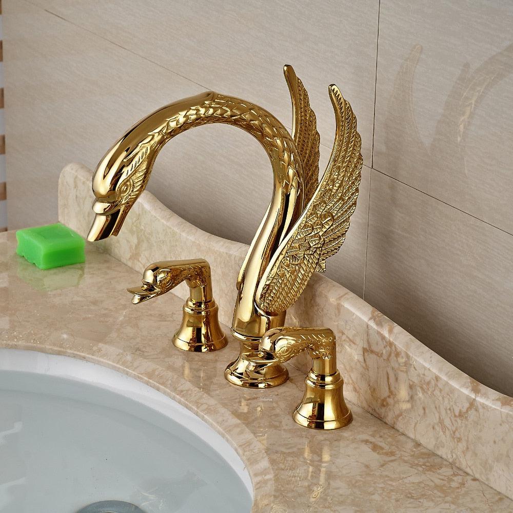 Robinet de lavabo en forme de cygne doré à deux poignées, en cuivre massif, montage sur plage