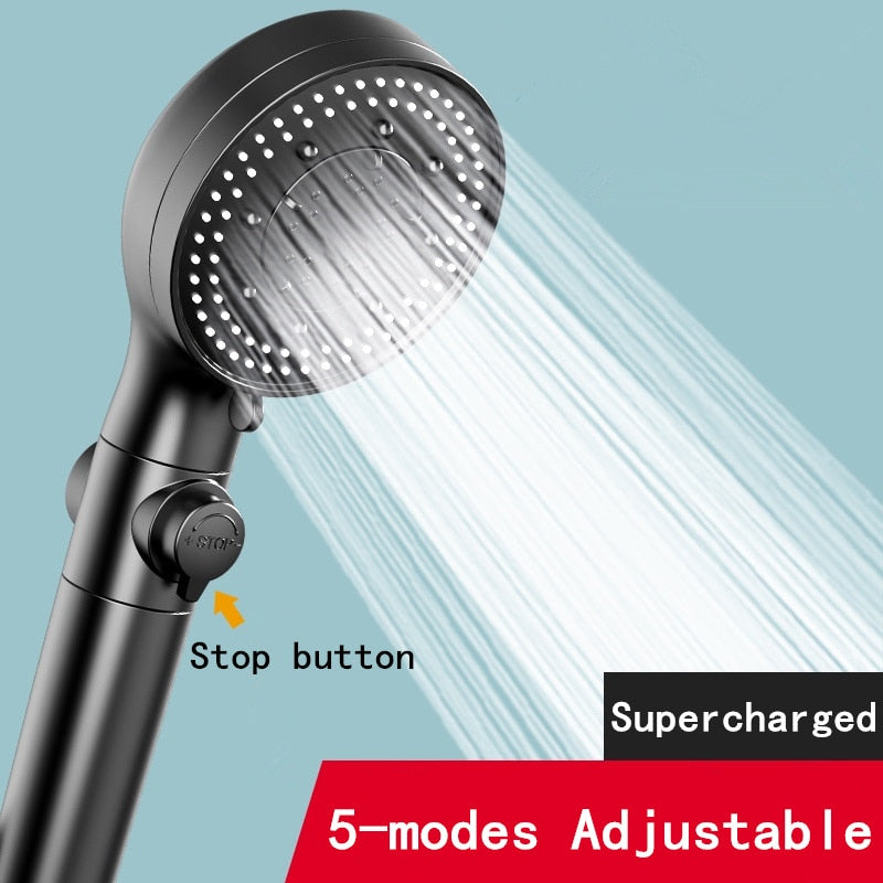 Pommeau de douche haute pression avec 5 modes de jet et bouton-poussoir marche-arrêt