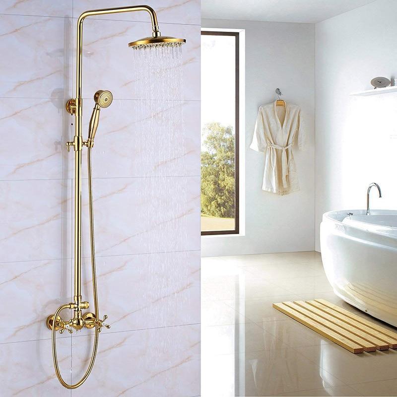 Système de douche à effet pluie Index Bath en laiton doré, double poignée, pommeau de 8 pouces