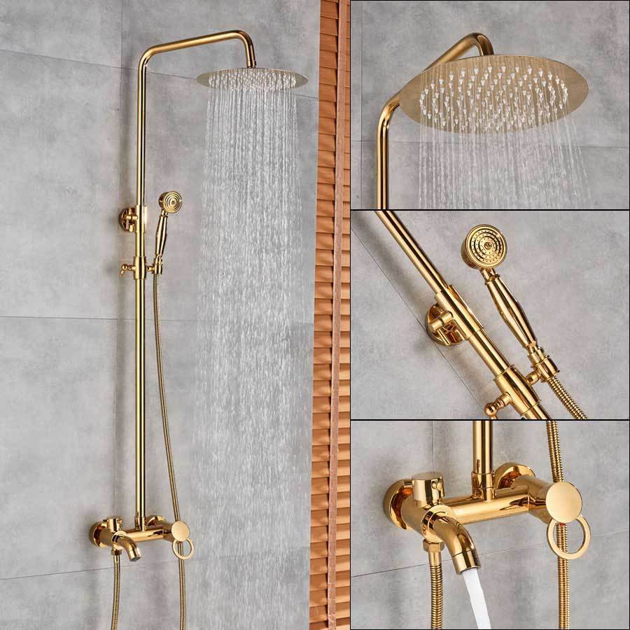 Système de douche à effet pluie Index Bath en laiton doré, double poignée, pommeau de 8 pouces