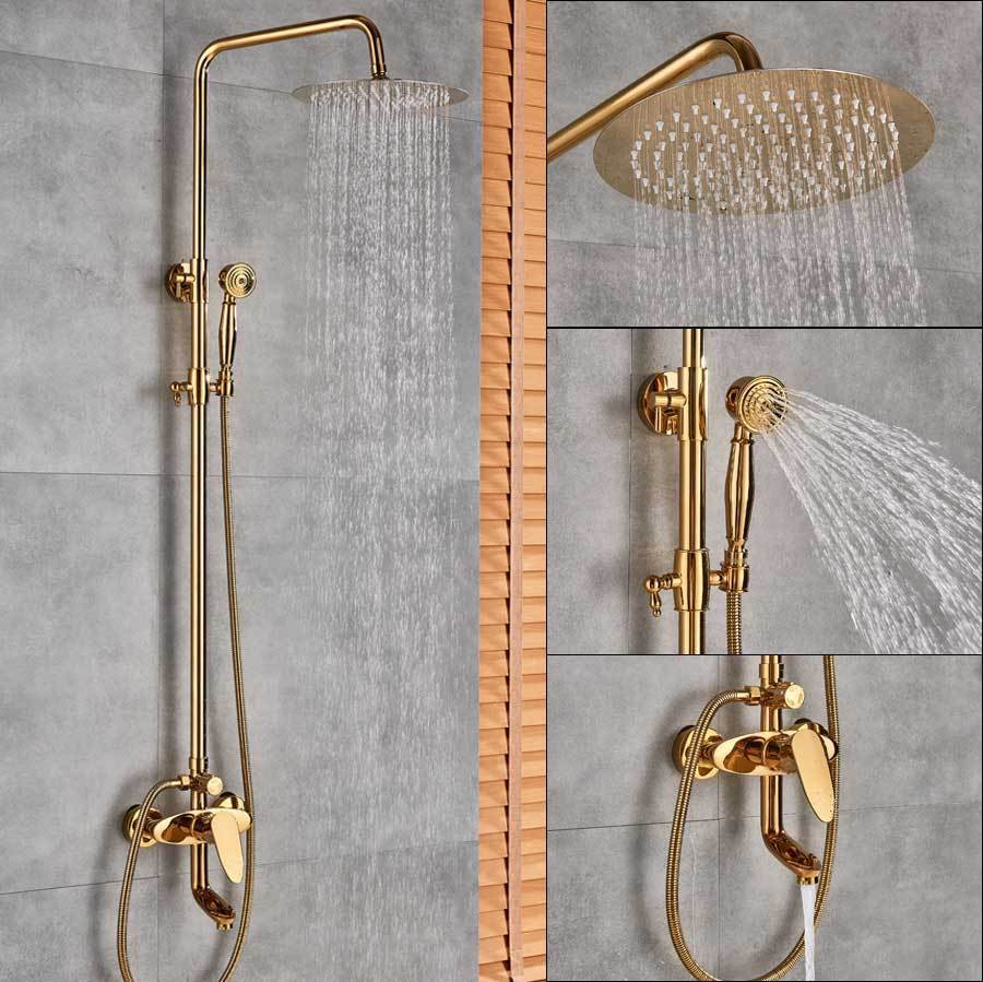 Système de douche à effet pluie Index Bath en laiton doré, double poignée, pommeau de 8 pouces