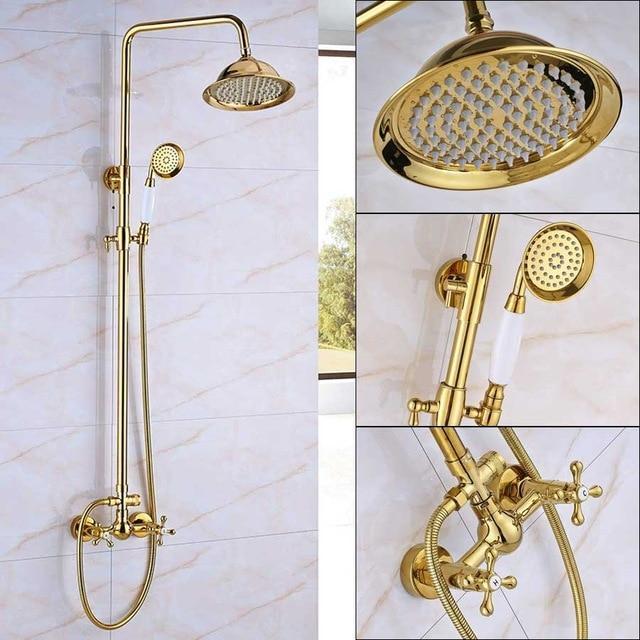 Système de douche à effet pluie Index Bath en laiton doré, double poignée, pommeau de 8 pouces