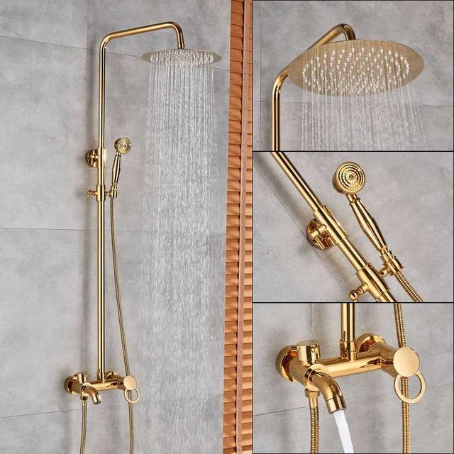 Système de douche à effet pluie Index Bath en laiton doré, double poignée, pommeau de 8 pouces