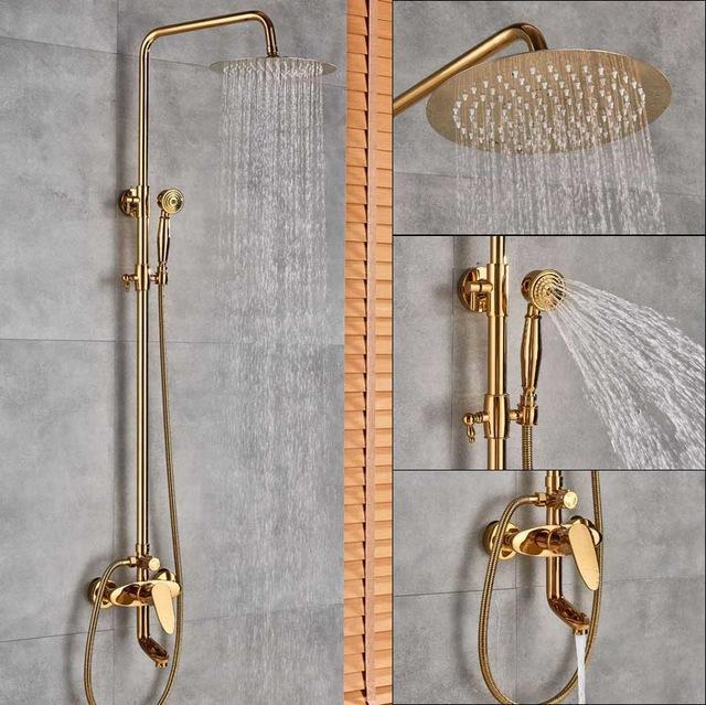 Système de douche à effet pluie Index Bath en laiton doré, double poignée, pommeau de 8 pouces