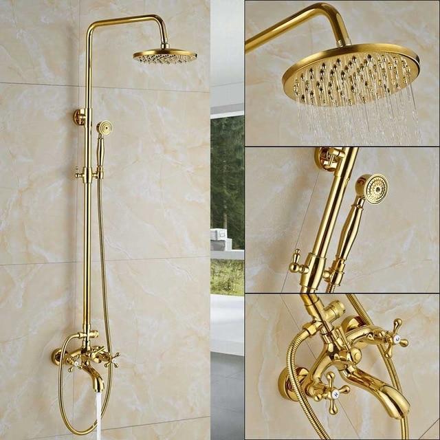 Système de douche à effet pluie Index Bath en laiton doré, double poignée, pommeau de 8 pouces