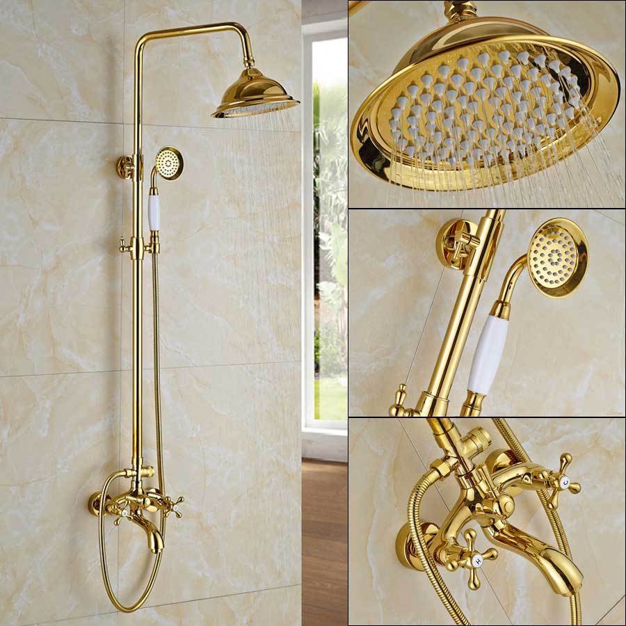 Système de douche à effet pluie Index Bath en laiton doré, double poignée, pommeau de 8 pouces