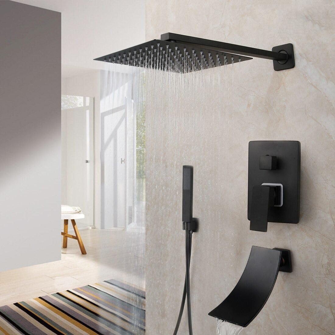 Pommeau de douche carré noir mat à effet pluie avec vanne mitigeuse et bec de remplissage pour baignoire