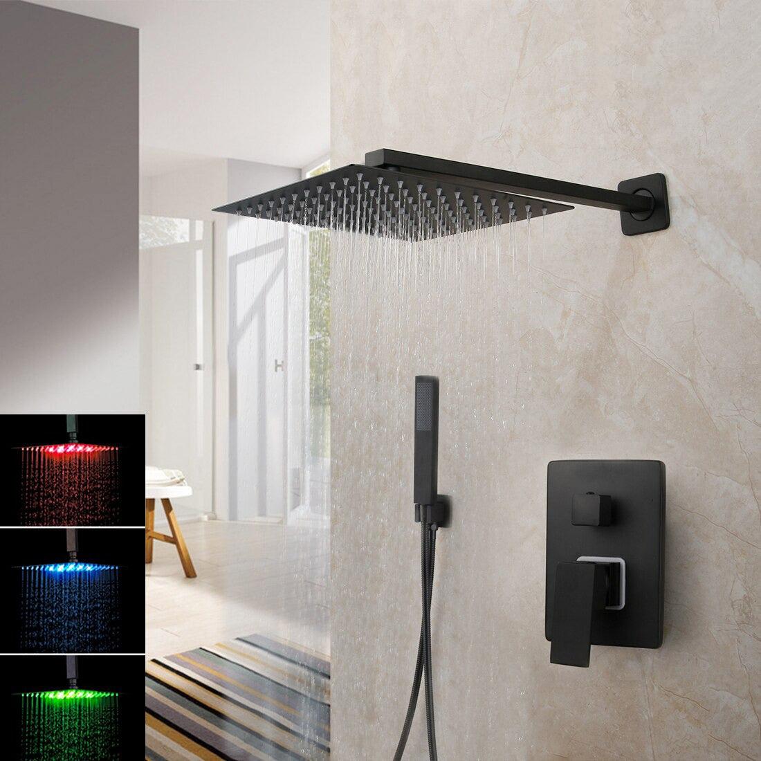 Pommeau de douche carré noir mat à effet pluie avec vanne mitigeuse et bec de remplissage pour baignoire