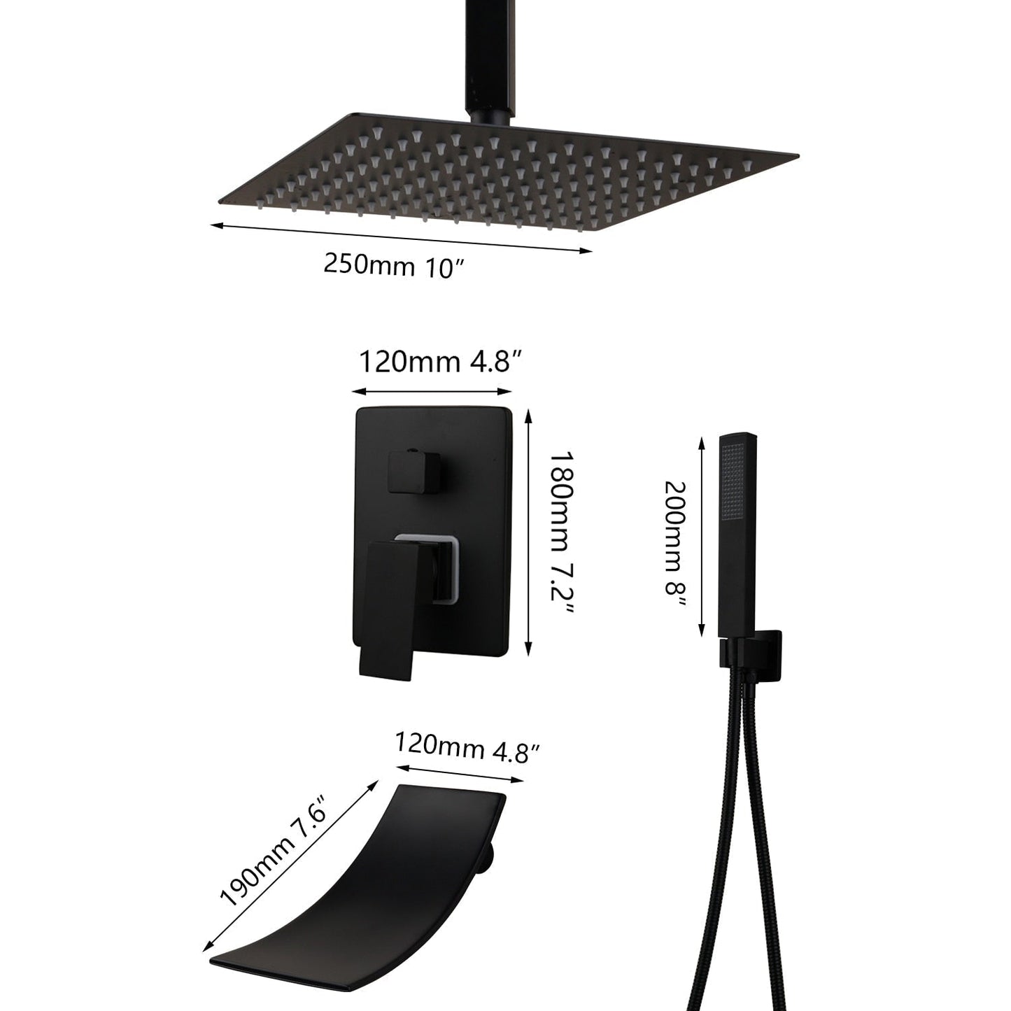 Pommeau de douche carré noir mat à effet pluie avec vanne mitigeuse et bec de remplissage pour baignoire