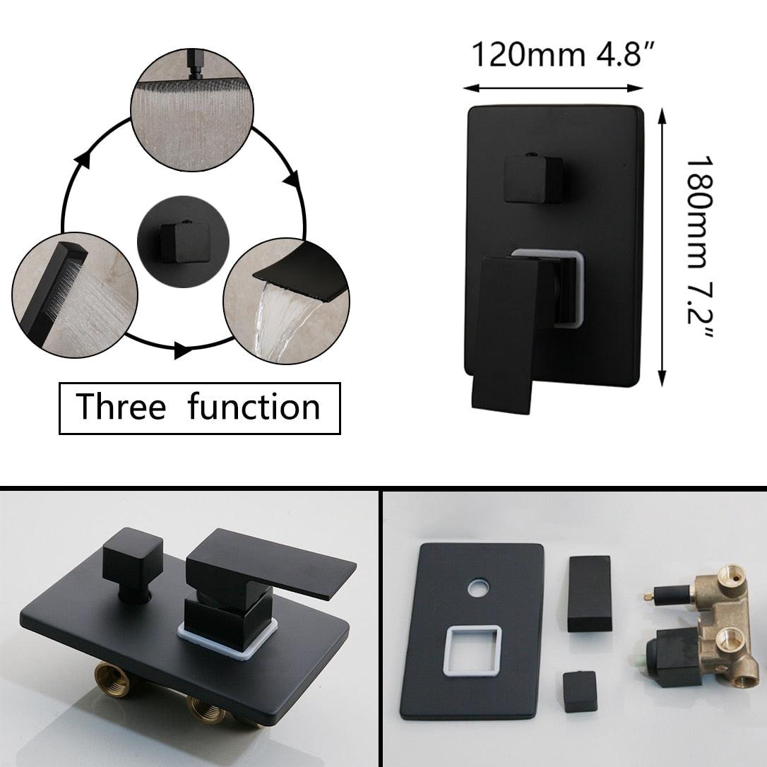 Pommeau de douche carré noir mat à effet pluie avec vanne mitigeuse et bec de remplissage pour baignoire