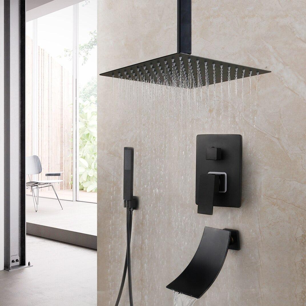 Pommeau de douche carré noir mat à effet pluie avec vanne mitigeuse et bec de remplissage pour baignoire