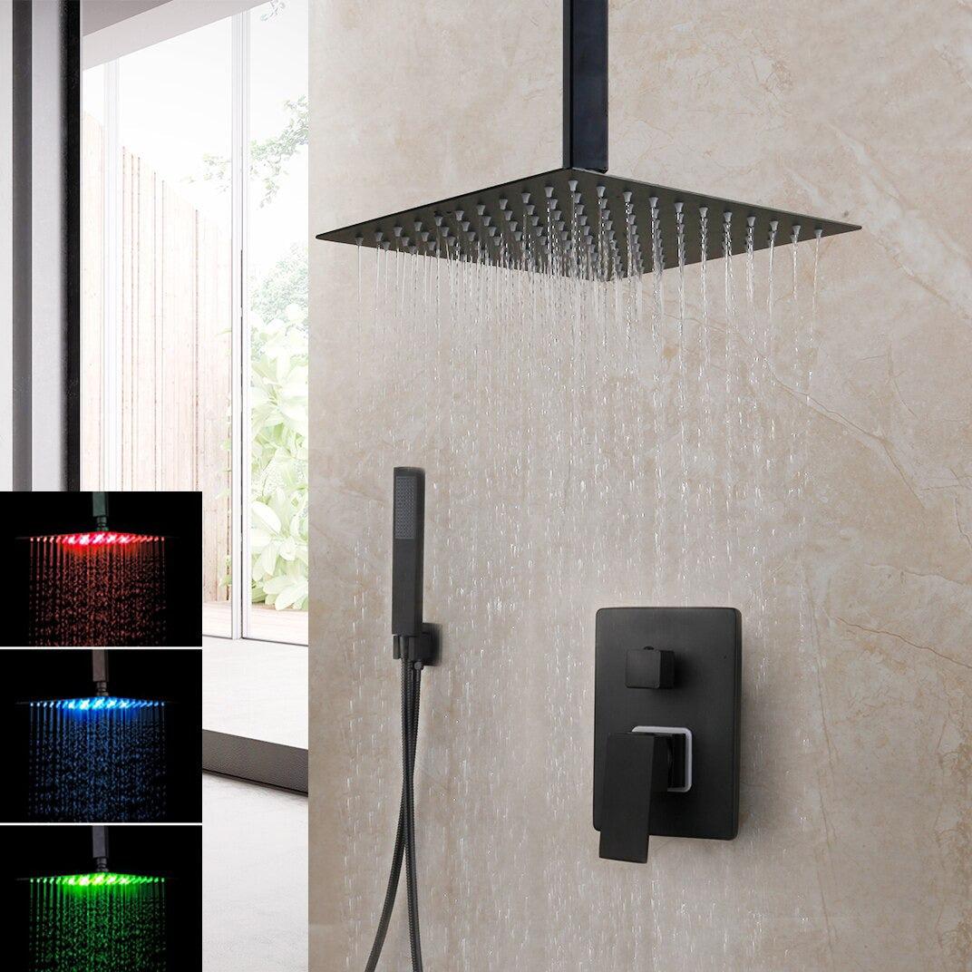 Pommeau de douche carré noir mat à effet pluie avec vanne mitigeuse et bec de remplissage pour baignoire