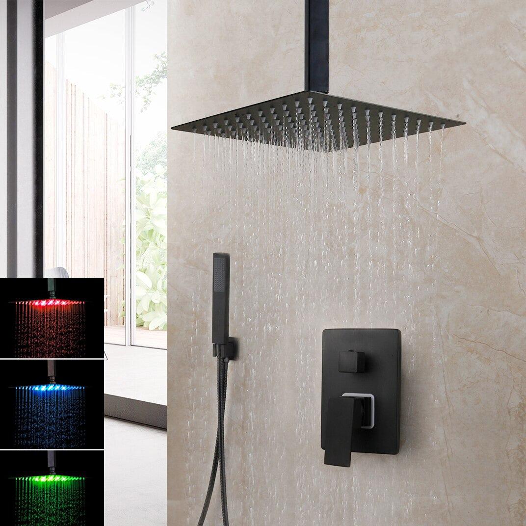 Pommeau de douche carré noir mat à effet pluie avec vanne mitigeuse et bec de remplissage pour baignoire