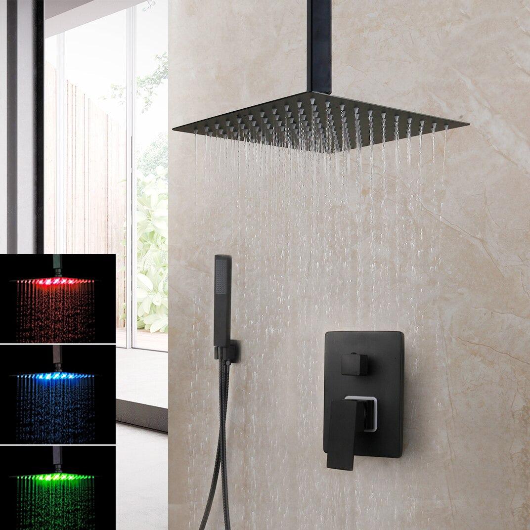 Pommeau de douche carré noir mat à effet pluie avec vanne mitigeuse et bec de remplissage pour baignoire