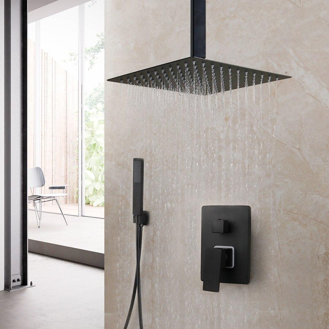 Pommeau de douche carré noir mat à effet pluie avec vanne mitigeuse et bec de remplissage pour baignoire