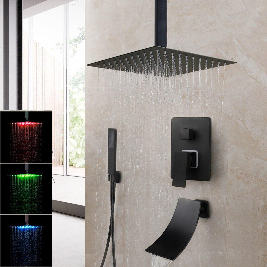 Pommeau de douche carré noir mat à effet pluie avec vanne mitigeuse et bec de remplissage pour baignoire