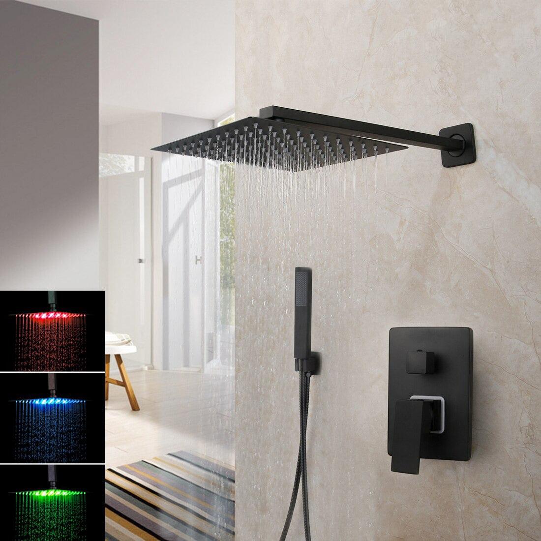 Pommeau de douche carré noir mat à effet pluie avec vanne mitigeuse et bec de remplissage pour baignoire