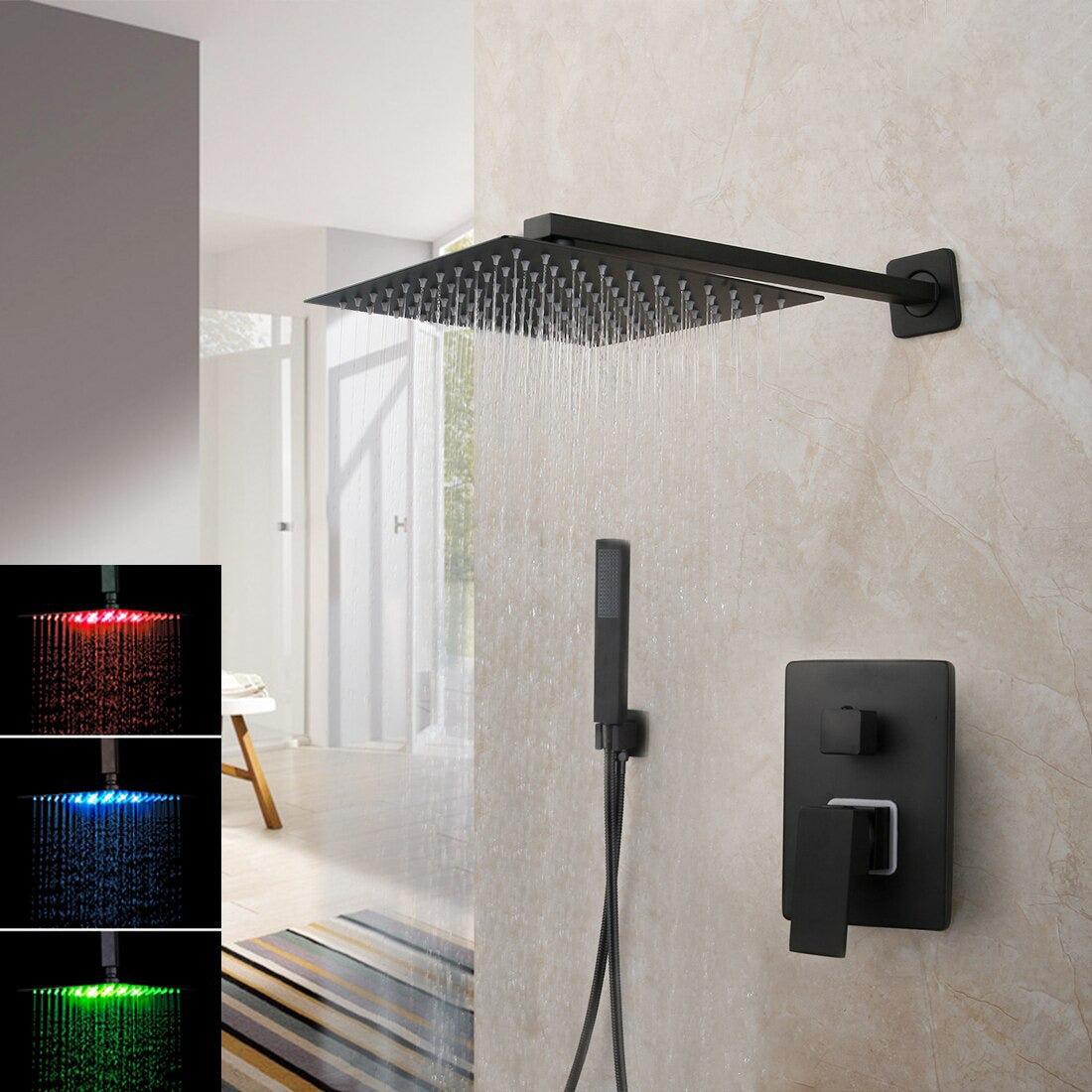 Pommeau de douche carré noir mat à effet pluie avec vanne mitigeuse et bec de remplissage pour baignoire