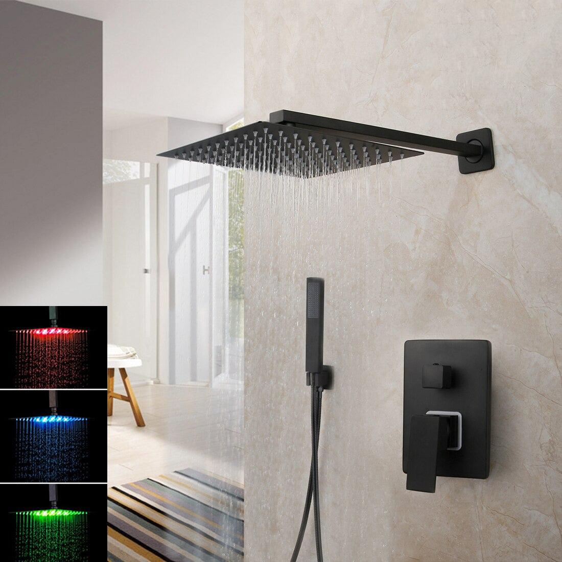 Pommeau de douche carré noir mat à effet pluie avec vanne mitigeuse et bec de remplissage pour baignoire