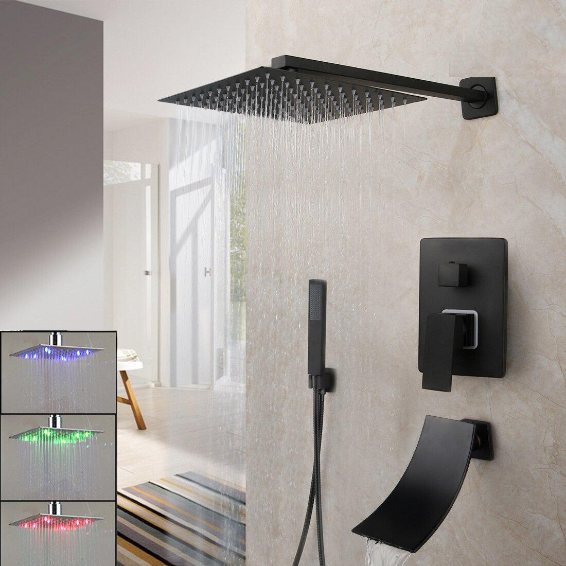 Pommeau de douche carré noir mat à effet pluie avec vanne mitigeuse et bec de remplissage pour baignoire