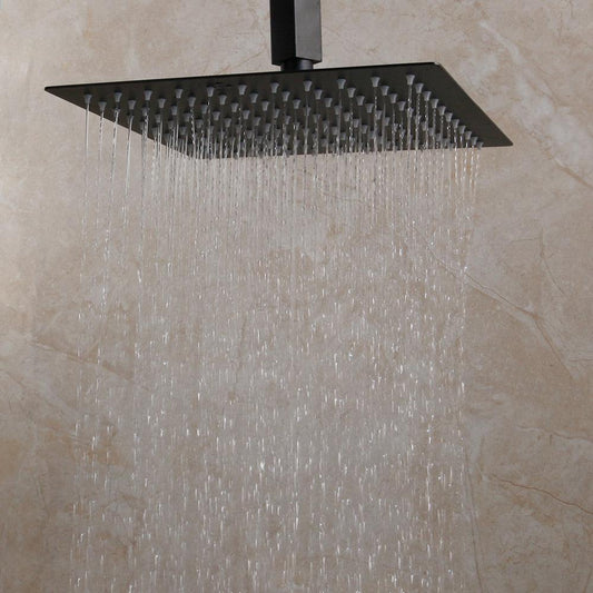 Pommeau de douche carré noir mat à effet pluie avec vanne mitigeuse et bec de remplissage pour baignoire