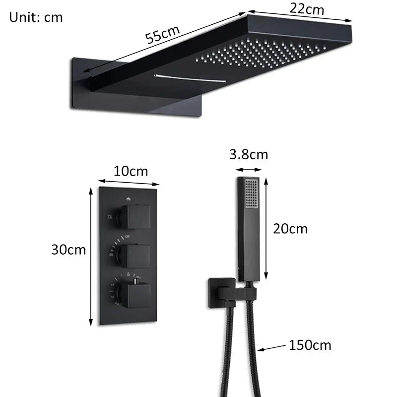 Pommeau de douche pluie cascade avec mitigeur thermostatique à trois voies pour salle de bains
