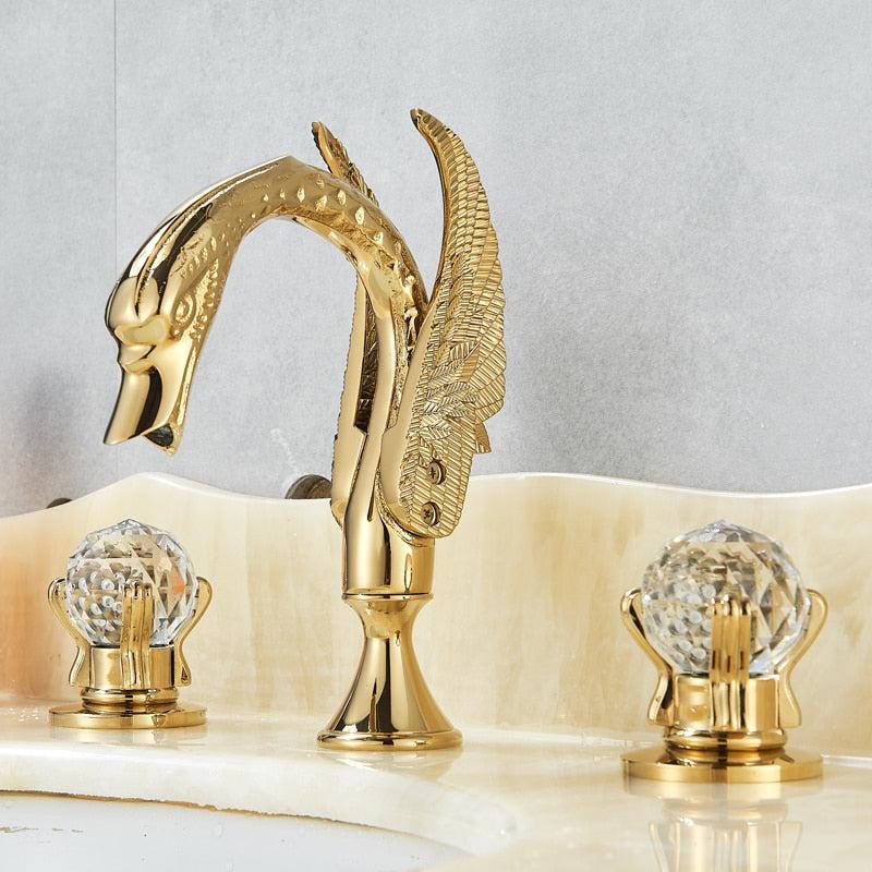 Robinet de lavabo de luxe Swan à montage sur plage, avec deux poignées en cristal