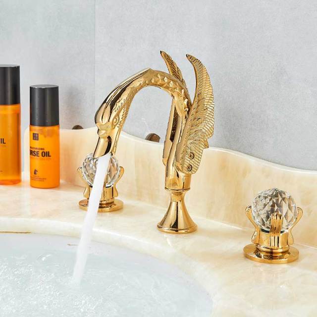 Robinet de lavabo de luxe Swan à montage sur plage, avec deux poignées en cristal