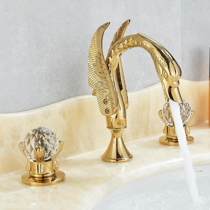 Robinet de lavabo de luxe Swan à montage sur plage, avec deux poignées en cristal